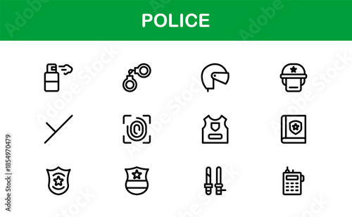 Police line icon set – Professional minimal law enforcement symbols in crisp vector outline style for versatile use