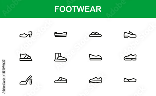 Footwear line icon set with modern details. Footwear Professional Line Icon Set – Modern, Minimal, and Stylish Outline Vector Icons Featuring Shoes, Sneakers, Heels, Boots, and More