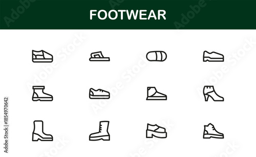 Footwear line icon set with modern details. Footwear Professional Line Icon Set – Modern, Minimal, and Stylish Outline Vector Icons Featuring Shoes, Sneakers, Heels, Boots, and More