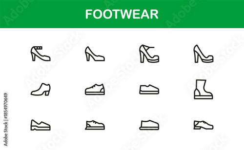 Footwear line icon set with modern details. Footwear Professional Line Icon Set – Modern, Minimal, and Stylish Outline Vector Icons Featuring Shoes, Sneakers, Heels, Boots, and More