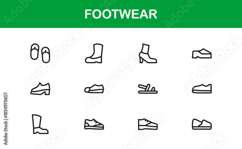 Footwear line icon set with modern details. Footwear Professional Line Icon Set – Modern, Minimal, and Stylish Outline Vector Icons Featuring Shoes, Sneakers, Heels, Boots, and More