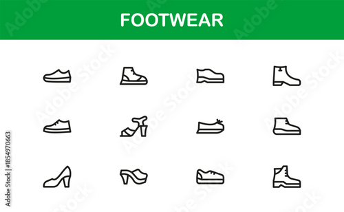 Footwear line icon set with modern details. Footwear Professional Line Icon Set – Modern, Minimal, and Stylish Outline Vector Icons Featuring Shoes, Sneakers, Heels, Boots, and More