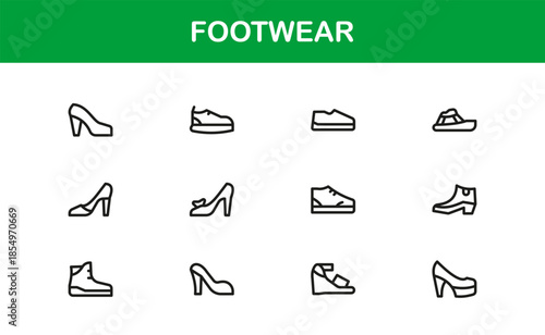 Footwear line icon set with modern details. Footwear Professional Line Icon Set – Modern, Minimal, and Stylish Outline Vector Icons Featuring Shoes, Sneakers, Heels, Boots, and More