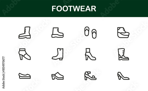 Footwear line icon set with modern details. Footwear Professional Line Icon Set – Modern, Minimal, and Stylish Outline Vector Icons Featuring Shoes, Sneakers, Heels, Boots, and More