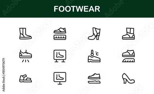Footwear line icon set with modern details. Footwear Professional Line Icon Set – Modern, Minimal, and Stylish Outline Vector Icons Featuring Shoes, Sneakers, Heels, Boots, and More