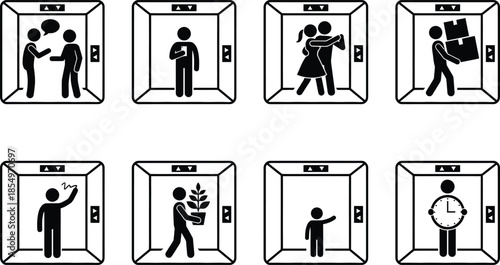 A collection of stick figure pictograms illustrating different scenarios and activities inside an elevator
