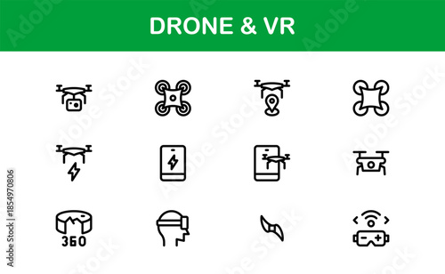 Drone and Virtual Reality line icon set – Modern professional vector icon collection for tech, innovation, and smart device industries.