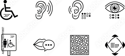 Comprehensive collection of accessibility and disability awareness line icons featuring braille symbols for inclusive communication and user interface design elements
