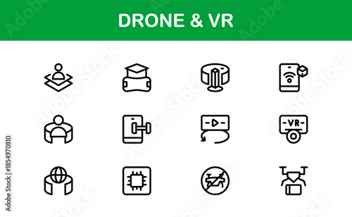 Drone and Virtual Reality line icon set – Modern professional vector icon collection for tech, innovation, and smart device industries.