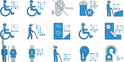 Comprehensive collection of accessibility and disability icons featuring wheelchairs white canes ramps and Braille for inclusive design projects