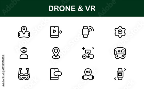 Drone and Virtual Reality line icon set – Modern professional vector icon collection for tech, innovation, and smart device industries.