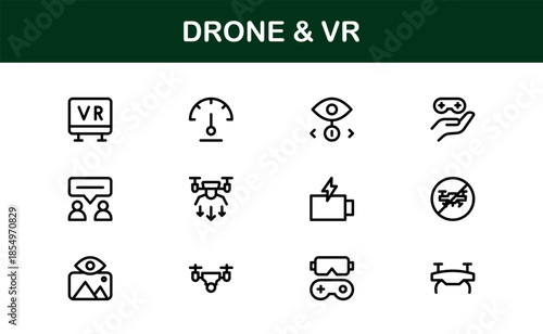 Drone and Virtual Reality line icon set – Modern professional vector icon collection for tech, innovation, and smart device industries.