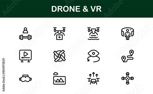 Drone and Virtual Reality line icon set – Modern professional vector icon collection for tech, innovation, and smart device industries.
