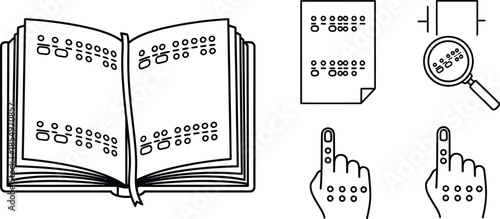 Comprehensive collection of braille reading related line icons demonstrating accessibility communication and education for the visually impaired