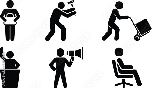 A set of six stick figure icons illustrating diverse work and communication activities