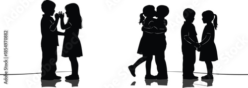 Children friendship moments silhouette, kids holding hands hugging and talking together, childhood love connection isolated on white background