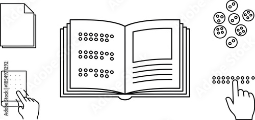 Diverse braille reading and learning icons depicting accessibility of information for visually impaired people with tactile systems in a modern vector style