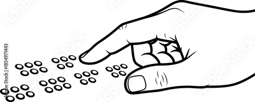 Human hand with an extended finger carefully reads tactile Braille text for visually impaired individuals representing accessibility and inclusive communication