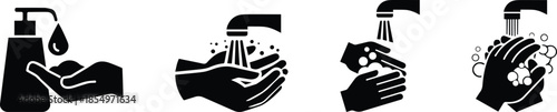 Hand Hygiene and Washing Instruction Icon Set.