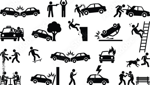 Various types of accidents and dangerous incidents collection of icons