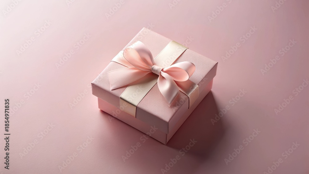 Fototapeta premium A delicately tied pink ribbon adorns a blush-colored gift box, resting on a soft pink surface.