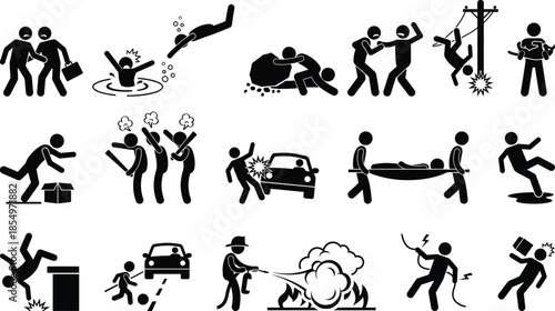 A comprehensive set of icons illustrating various accidents, emergencies, safety hazards, and injuries.
