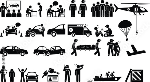 A comprehensive set of icons depicting emergency and rescue services with various accident scenarios and safety procedures