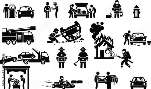 Icons representing vehicle services, transportation, emergency response, and accidents