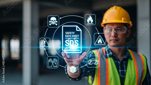Construction worker holding a digital SDS document and safety icons for concept of safety and construction site.