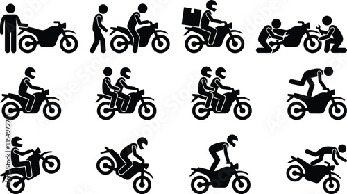 Black silhouette icons showing different scenes of people riding, maintaining, and performing stunts on motorcycles.