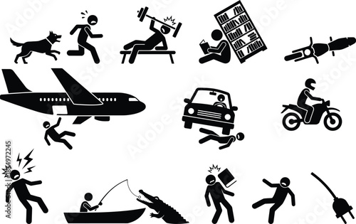 A set of black and white icons illustrating various accidents and dangerous situations