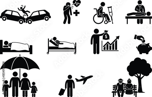 A collection of icons representing different types of insurance and life protection concepts