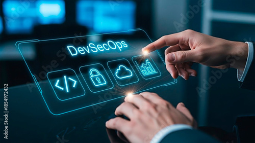 The DevSecOps concept is shown by hand touching digital display.