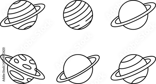 Planets with Rings in Space, Black and White Line Art