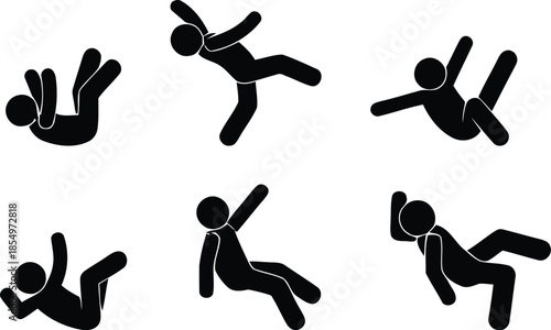 A collection of black stick figure icons showing different stages of falling and tumbling