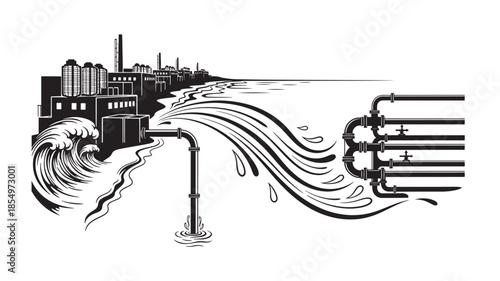 Industrial pollution discharging into the ocean impacting the coastal environment