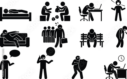 A collection of stick figures depicting common human actions, emotions, and life situations