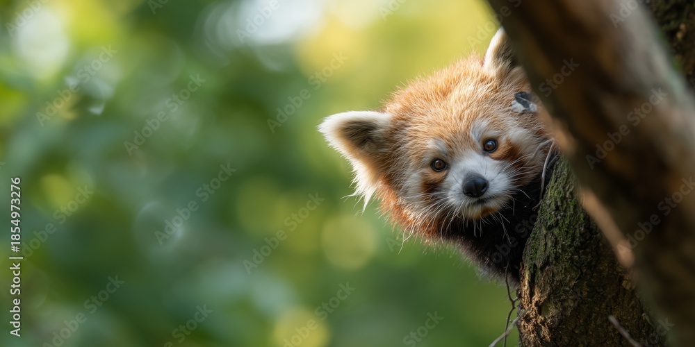 Naklejka premium Red panda climbs tree in a natural setting during daylight hours
