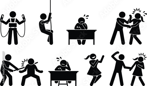 A collection of pictograms showing human actions, emotions, safety, and conflict scenarios