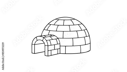 Vector outlines illustration of igloo built from light blue ice blocks with arched entrance and chimney. Isolated on transparent background. 