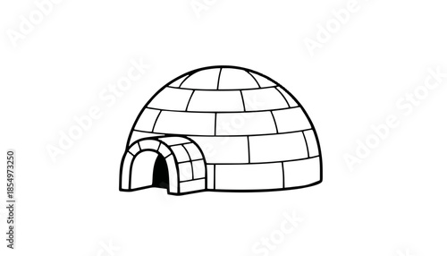 Vector outlines illustration of igloo built from light blue ice blocks with arched entrance and chimney. Isolated on transparent background. 