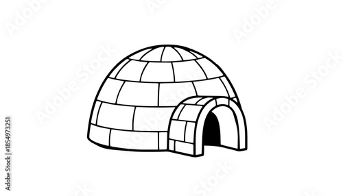 Vector outlines illustration of igloo built from light blue ice blocks with arched entrance and chimney. Isolated on transparent background. 