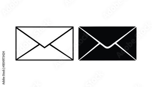 A black and white illustration of two envelopes with contrasting colors and designs side by side on a plain background