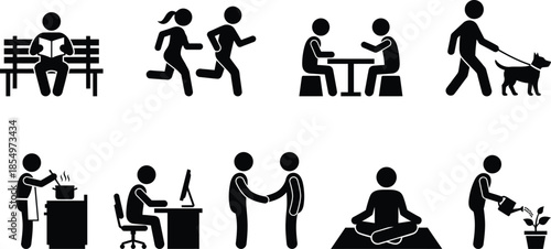 Set of black stick figures representing everyday actions like reading, running, and working