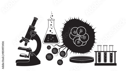 Scientific equipment including a microscope flask petri dish and cellular structures
