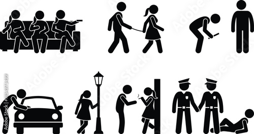 Diverse set of pictograms showing family leisure, public encounters, crime, and police actions
