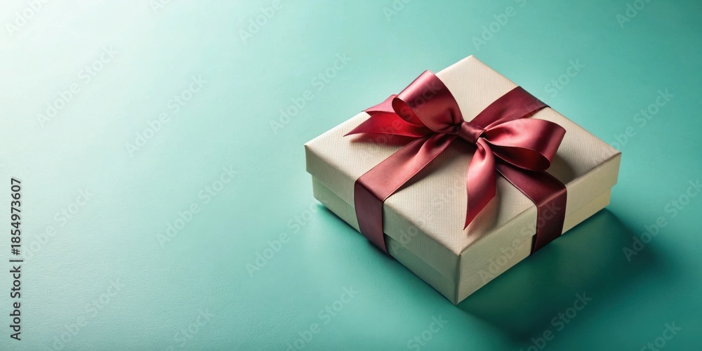 Fototapeta premium A luxuriously wrapped present with a delicate, maroon ribbon bow sits on a tranquil teal background, signifying a thoughtful gift