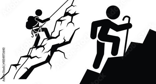 Black and white pictograms illustrating rock climbing and uphill hiking activities