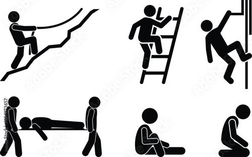 Stick figure pictograms illustrating climbing activities, rescue, and states of injury or rest