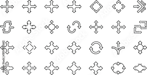 A collection of various four-way directional arrows and circular rotation icons for interface design.